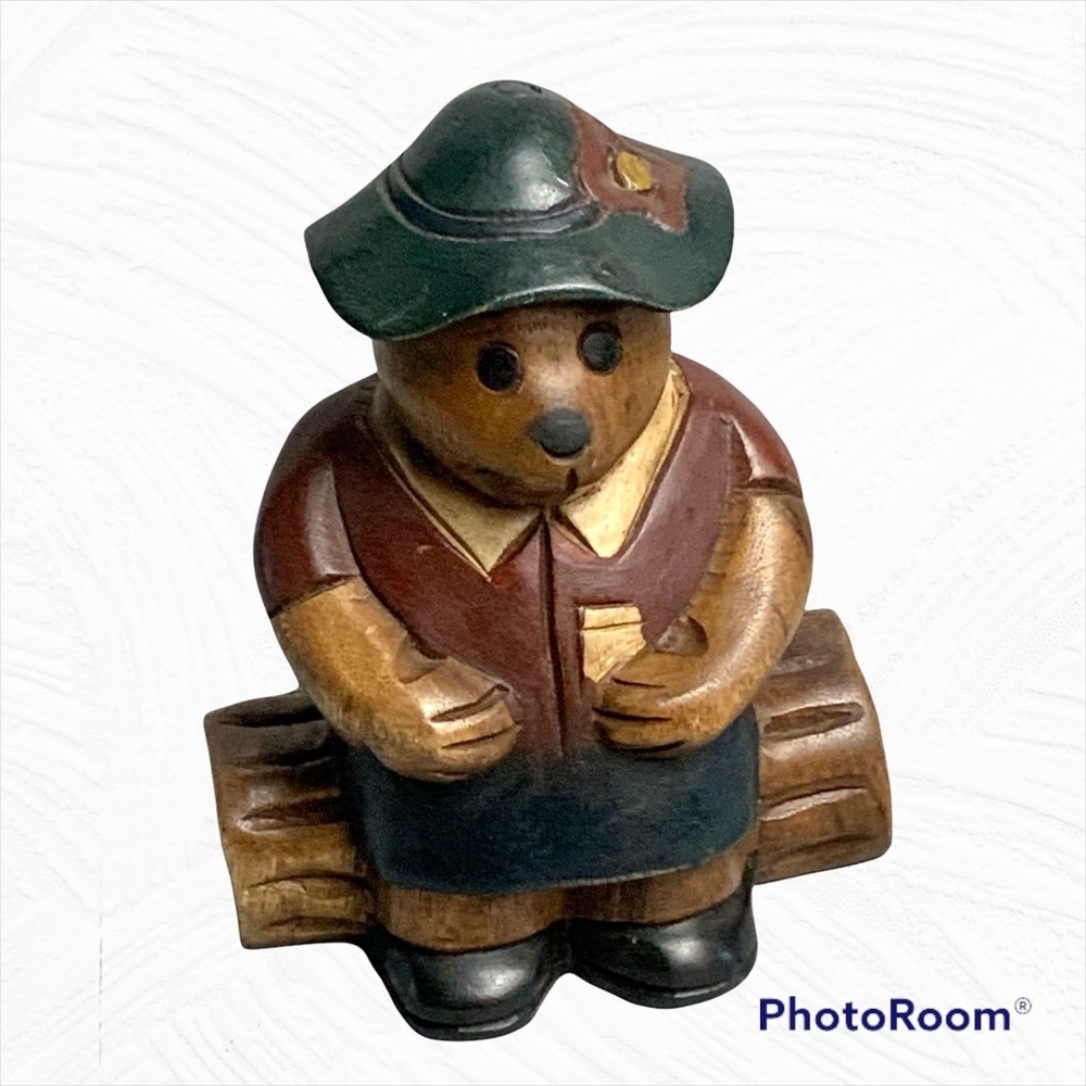 Lady Bear Sitting on Log Wood or Resin Figurine